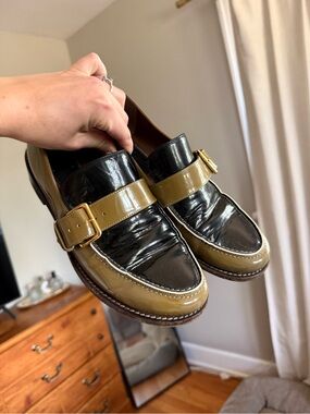 Marni Two-Tone Olive and Black Patent Loafers with Gold Buckles